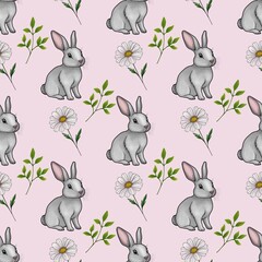 Cute Bunny with Daisy and Leaves Seamless Pattern Small Design on Pastel Pink Background