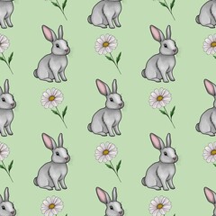 Cute Bunny with Daisy Seamless Pattern Small Design on Pastel Green Background