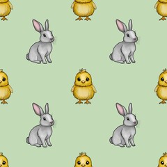 Cute Bunny and Chick Seamless Pattern Small Design on Pastel Green Background