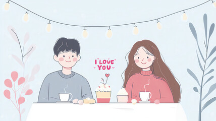 A cheerful illustration of a couple enjoying a cozy moment together with cups and a dessert, surrounded by decorative lights.