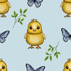 Cute Chick with Butterfly and Leaves Seamless Pattern Big Design on Pastel Blue Background