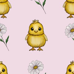 Cute Chick with Daisy Seamless Pattern on Pastel Pink Background