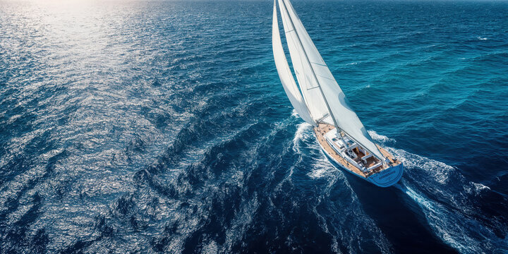 Luxury sailing yacht navigating on deep blue ocean during sunny day