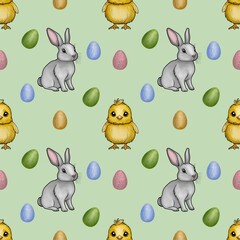 Cute Bunny and Chick with Colorful Eggs Seamless Pattern Small Design on Pastel Green Background