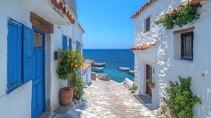 Fototapeta premium A scenic coastal view with white buildings, blue doors, and boats by the sea.