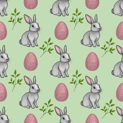 Cute Bunny with Pink Eggs and Leaves Seamless Pattern Small Design on Pastel Green Background