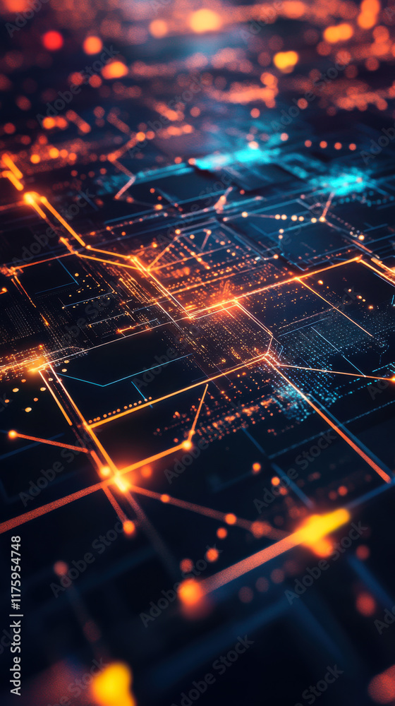 Poster digital circuitry with glowing lines and nodes in a high-tech environment