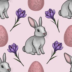 Cute Bunny with Pink Eggs and Crocus Seamless Pattern Big Design on Pastel Pink Background