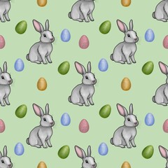 Cute Bunny with Colorful Eggs Small Design on Pastel Green Background