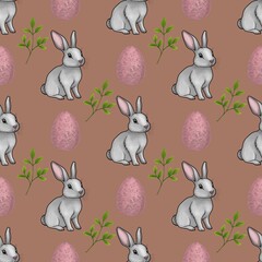 Cute Bunny with Pink Eggs and Leaves Small Design on Mocha Mosses Background
