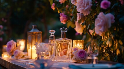 table set with perfume bottles and floral arrangements, romantic evening garden setting