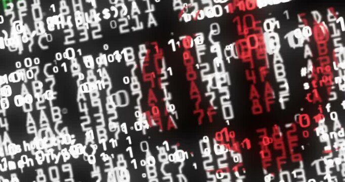 Iran USA flag 3d code. Iranian banner cyber security attack and hack concept animation.