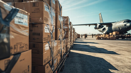 Humanitarian aid supplies being loaded onto cargo airplane for delivery