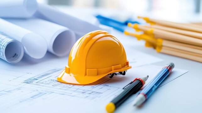 Construction site featuring architectural blueprints, a yellow hard hat, and industrial design tools during a project planning session