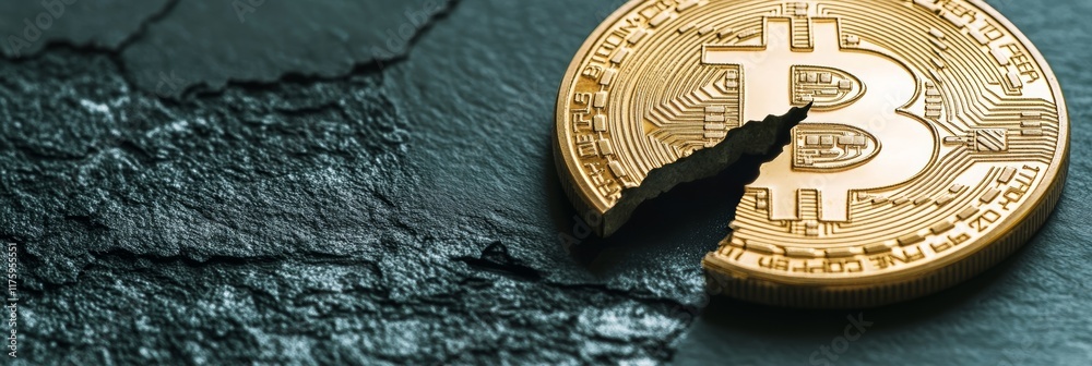 Aufkleber physical bitcoin is breaking apart, showing the volatile nature of cryptocurrency and the potential 