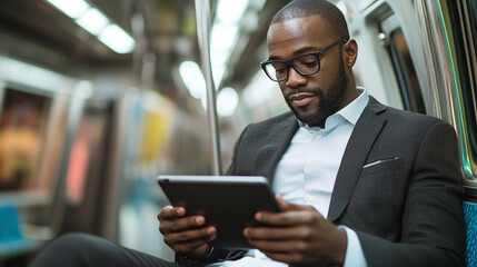 African american businessman sitting on a subway train, using a tablet for work, commuter passenger traveling for business, technology and connectivity in public transportation.