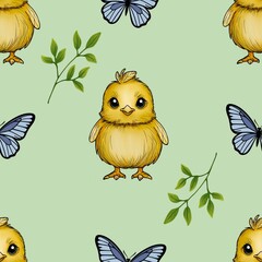 Cute Chick with Butterfly and Leaves Seamless Pattern Big Design on Pastel Green Background