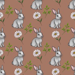 Fototapeta premium Cute Bunny with Daisy and Leaves Seamless Pattern Small Design on Mocha Mosses Background