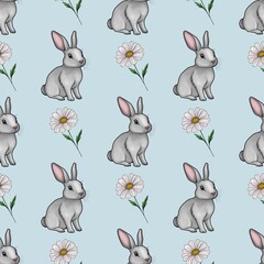 Fototapeta premium Cute Bunny with Daisy Seamless Pattern Small Design on Pastel Blue Background