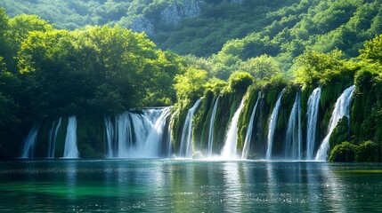 Fototapeta premium Discover serene beauty of secluded emerald forests with cascading waterfalls and untouched nature
