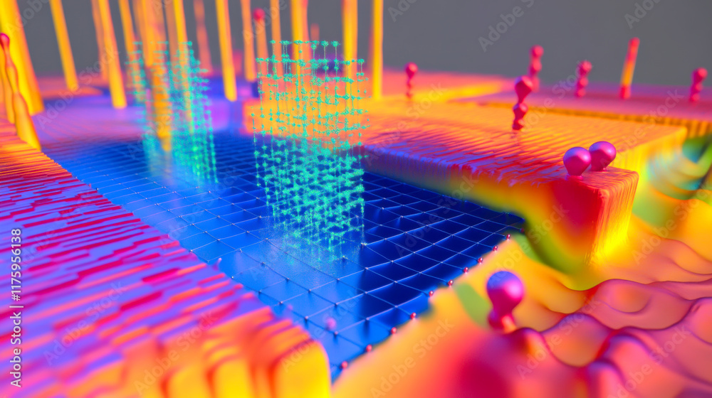Poster colorful abstract representation of quantum computing processes in a futuristic setting