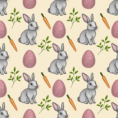 Cute Bunny with Pink Eggs and Leaves and Carrot Seamless Pattern Small Design on Pastel Yellow Background