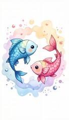 Naklejka premium Cute cartoon blue and pink fish swimming together in a colorful swirling pattern. Astrological sign Pisces. Watercolor t-shirt print