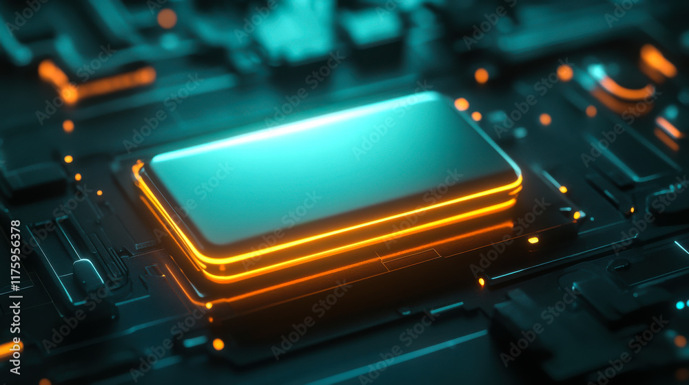 Poster high-tech circuit board featuring illuminated rectangular components in a dark setting
