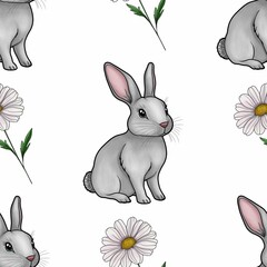 Cute Bunny with Daisy Seamless Pattern Big Design on White Background