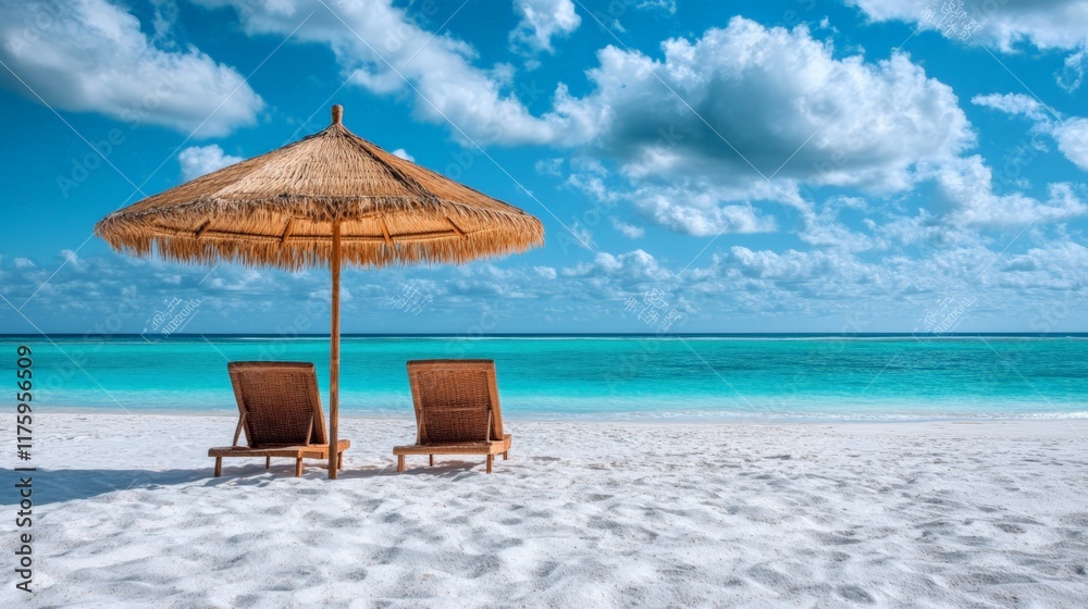 Poster two empty beach chairs resting under a straw umbrella on pristine white sand, overlooking tranquil t