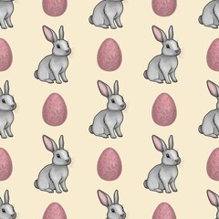 Cute Bunny with Pink Eggs Seamless Pattern Small Design on Pastel Yellow Background