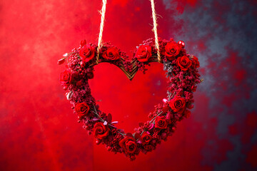 A heart shaped wreath of red roses hanging from a string