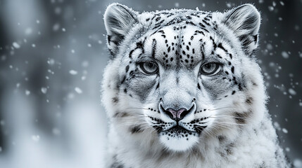 Obraz premium Snow leopard, a wildlife winter portrait, featuring a big and mountainous predator, as a large hunter carnivore animal, with a natural cat fur and feline features.