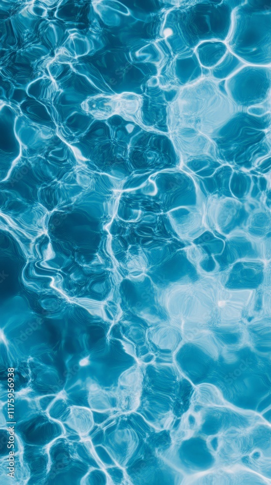 Poster Crystal clear blue water surface gently ripples and reflects light, creating a mesmerizing abstract pattern, ideal as a background or texture for various design projects