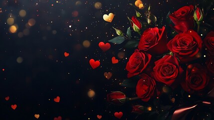 Festive Valentine's Day Red Roses Bouquet on Dark Background with Glitter and Bokeh Lights