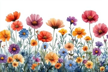 Fototapeta premium watercolor illustration of a wildflower border, showcasing a variety of blooming flowers in soft pastel tones, perfect for adding a natural touch to designs