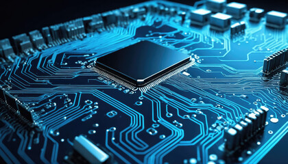 Fototapeta premium Close-up view of a microprocessor on a circuit board with intricate blue circuitry illuminated during low light conditions