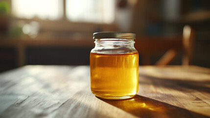 Honey jar on kitchen table, sweet, organic, natural fresh dessert ingredient for delicious, healthy meals and nutrition, golden liquid in glass container from bee nectar.