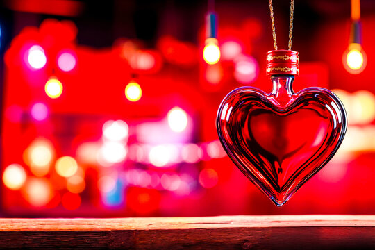 A red heart shaped bottle hanging from a string of lights