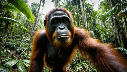 Fototapeta premium Captivating orangutan explores lush tropical rainforest habitat during midday
