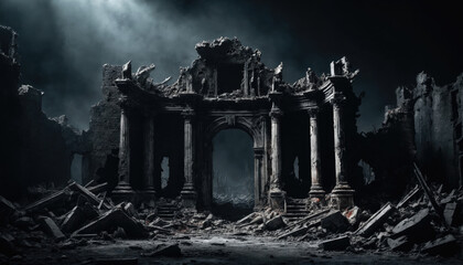 Ruins of an ancient structure are illuminated by shafts of light against a dark backdrop in a desolate environment