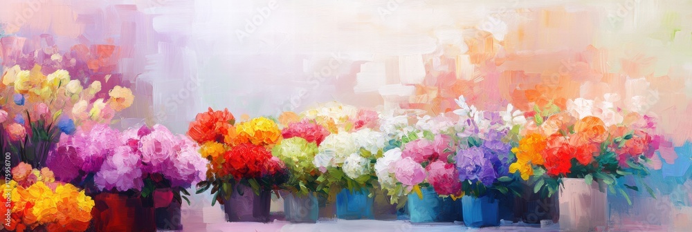 Poster bright and colorful flower display in a market with various blooms in pastel shades during daylight.