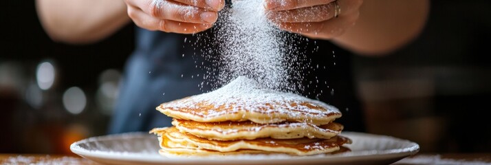 Hands sprinkle powdered sugar over warm pancakes in a cozy kitchen setting during breakfast time. Generative AI
