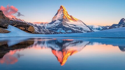 Colorful sunrise over Stellisee lake with Matterhorn peak reflection in Zermatt, Swiss Alps © Luminary Studio