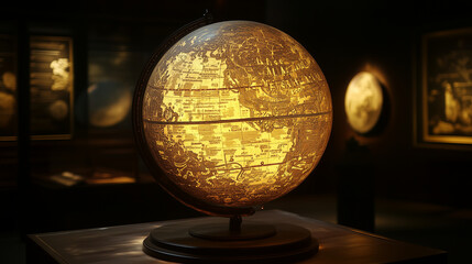 A globe with intricate symbols and diagrams projected onto its surface, glowing softly in a dark setting