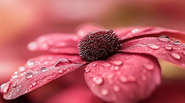 Close up of vibrant red flower petals adorned with dewdrops in early morning light highlighting nature's beauty