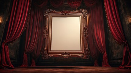 Empty ornate gold frame on stage with red velvet curtains.