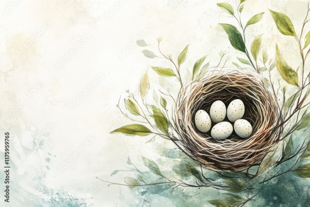 Poster hand drawn doodle of a bird nest with eggs surrounded by delicate leaves and pastel foliage in a ser