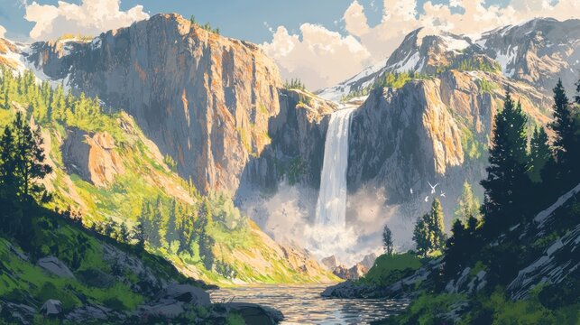 Majestic waterfall cascading down rocky mountains, lush greenery, sunny day.