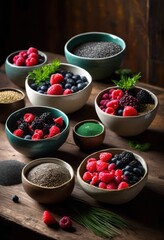 colorful display fresh superfoods bowls wooden table perfect nutritional enthusiasts health conscious individuals, salad, vegetable, fruit, berry, seed